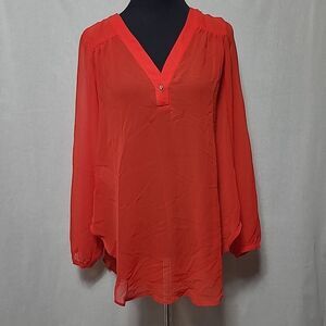 BCBGeneration Semi Sheer Long Sleeve Popover Top Womens Size S Red V Neck Flowy